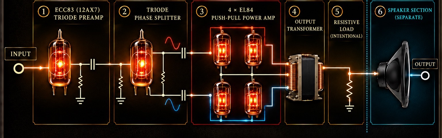 RED CROWN British Amp architecture: ECC83 triode preamp, triode phase splitter, four EL84 push-pull power stage, output transformer, resistive load and separate speaker section